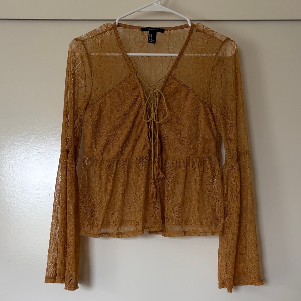 Forever 21 Mustard Lace Tie-Front Peplum Blouse